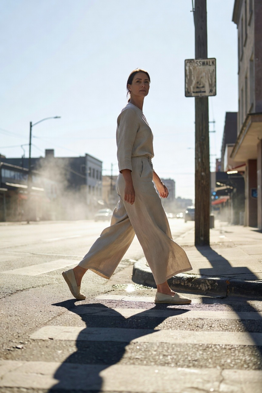 Woman in a matching beige linen short-sleeve top and wide-leg pants with beige espadrilles, walking mid-stride on a crosswalk
