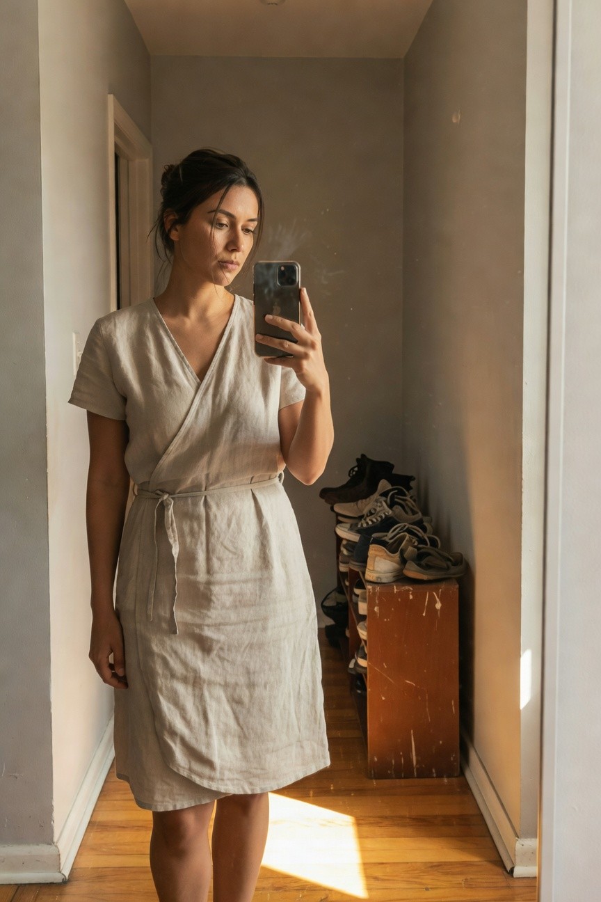 Woman with brunette hair in a messy bun taking a selfie in a pale beige short-sleeve linen wrap dress with waist tie, standing barefoot in a hallway next to a wooden shoe rack filled with sneakers