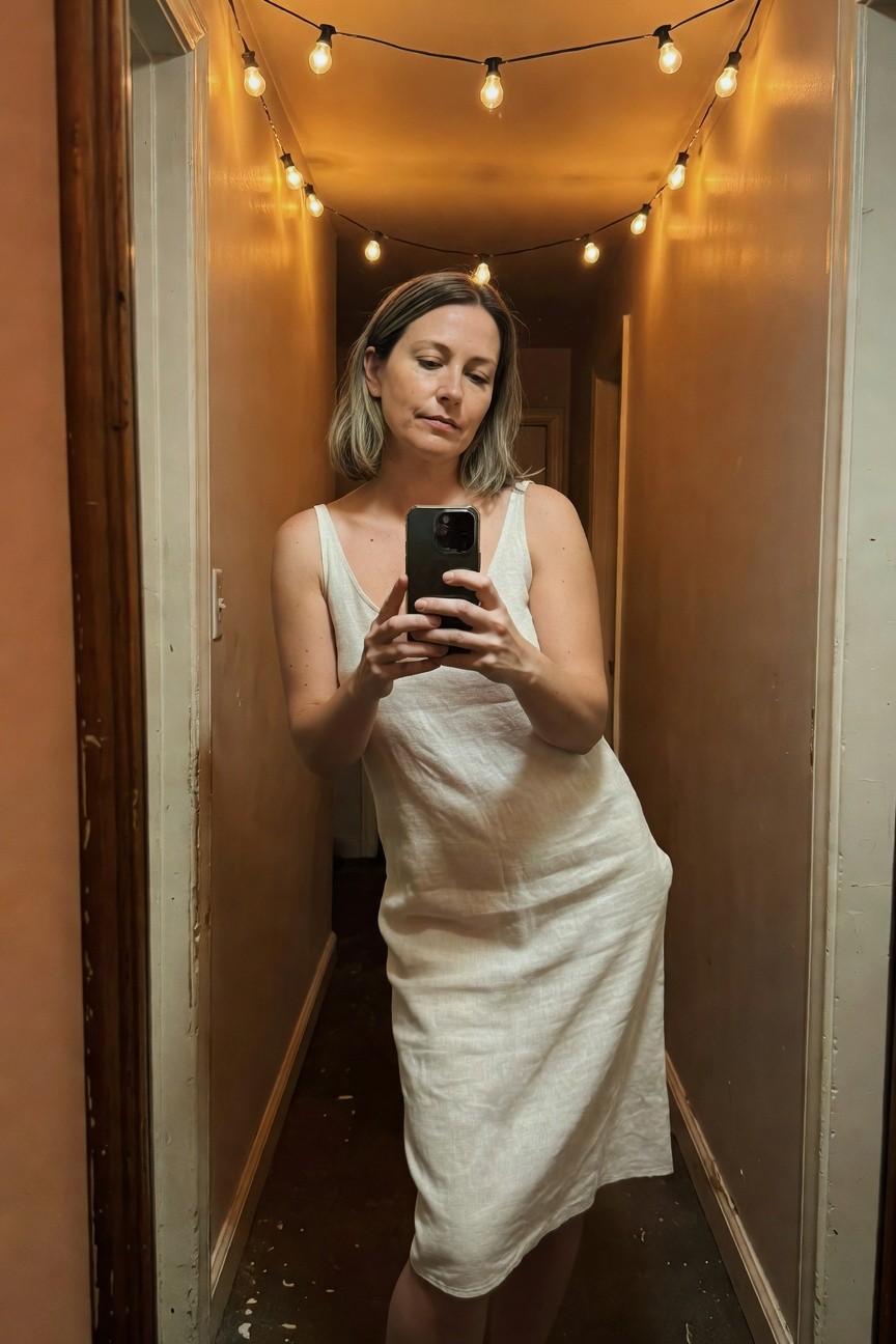 Woman with chin-length blonde hair in a sleeveless white linen midi dress, holding phone for selfie while standing sideways in a narrow beige hallway with string lights overhead