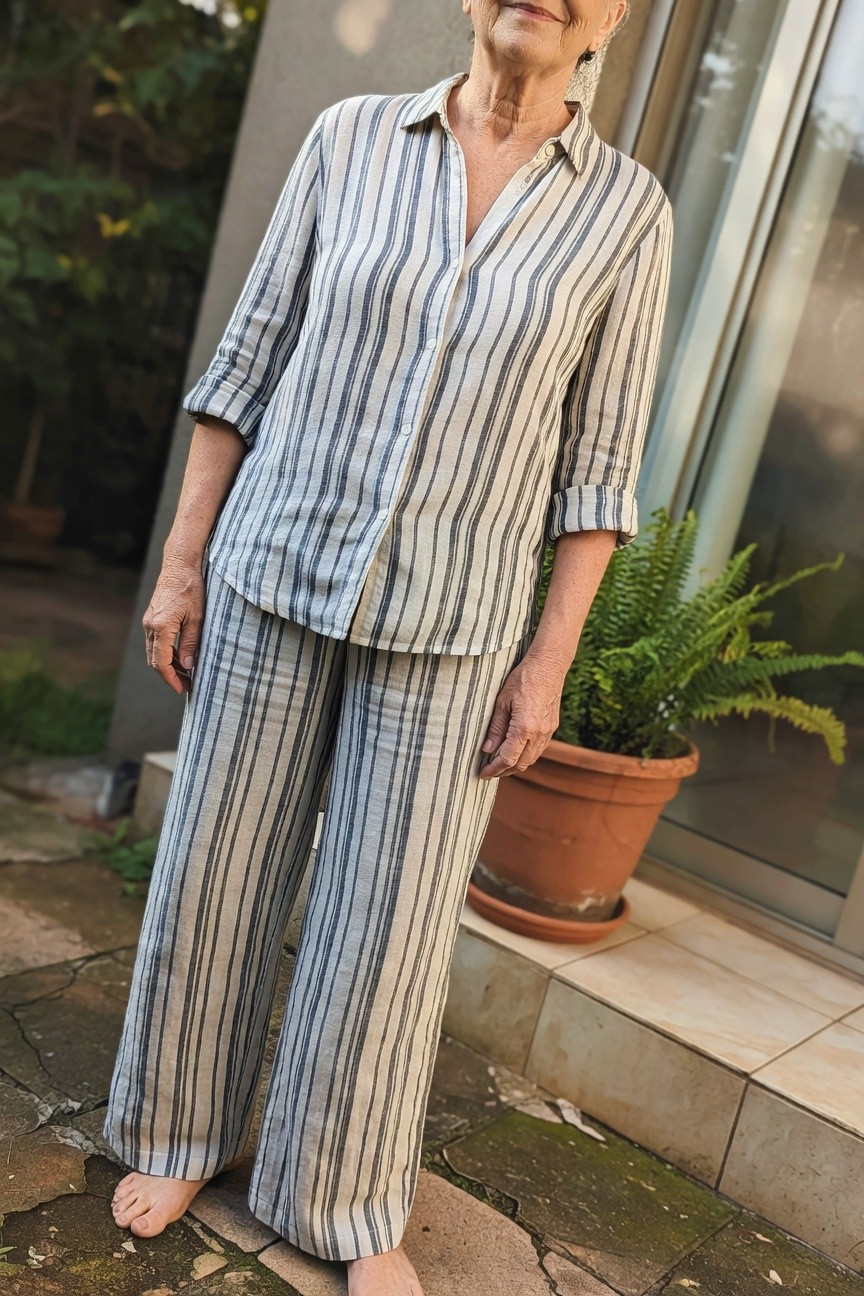 Older woman standing barefoot in a matching blue-and-white striped linen shirt with rolled sleeves and wide-leg pants, hands at sides, simple earrings and ring, neutral background with potted plant nearby