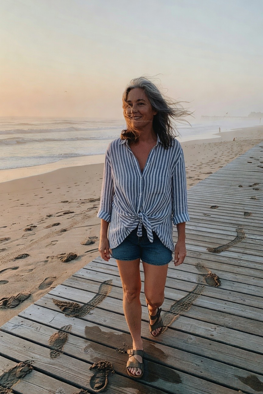 Silver-haired woman smiling while walking in a blue-and-white striped linen button-down shirt tied at the waist over cutoff denim shorts and tan strappy sandals on a wooden boardwalk with sandy footprints