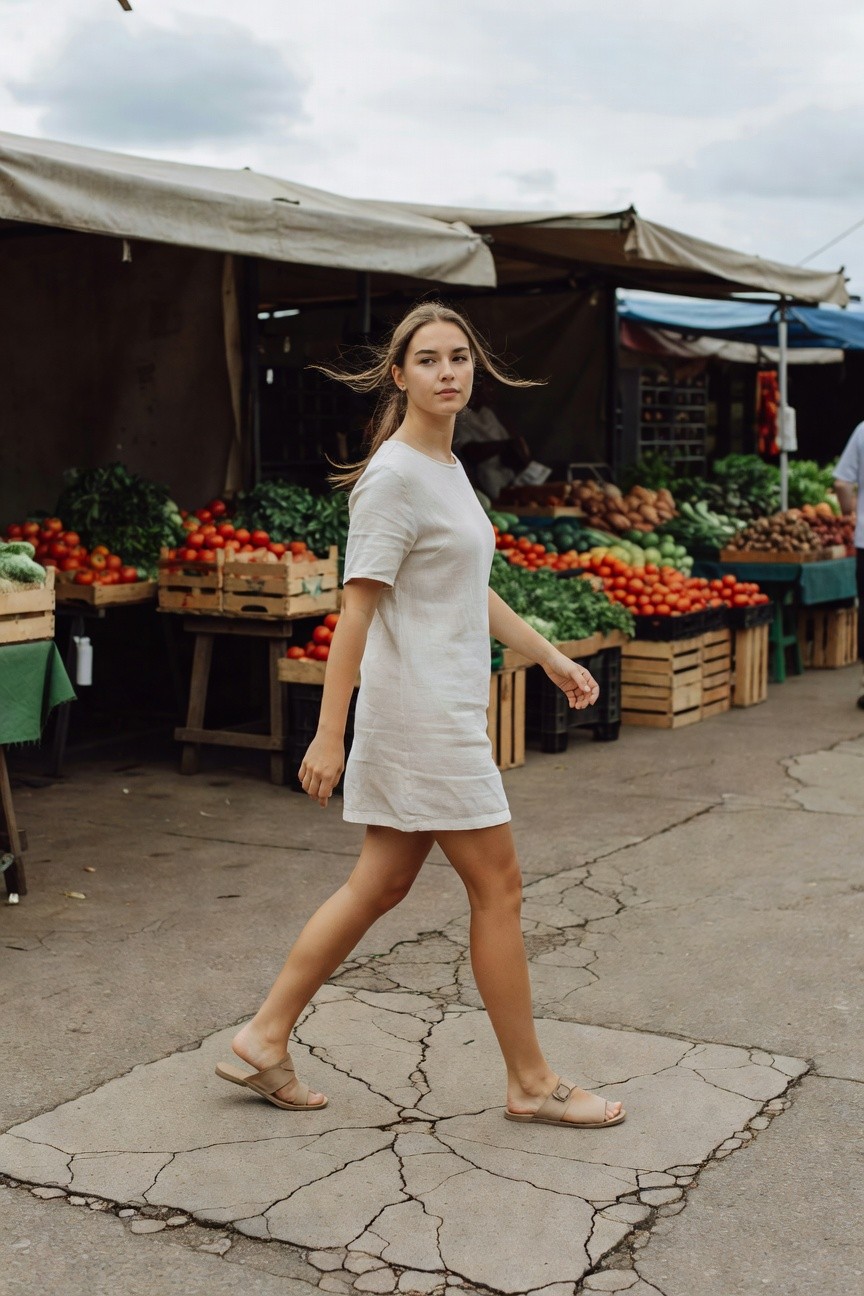 Young woman walking in a short white linen short-sleeve dress and beige strappy flat sandals amid vegetable market stalls