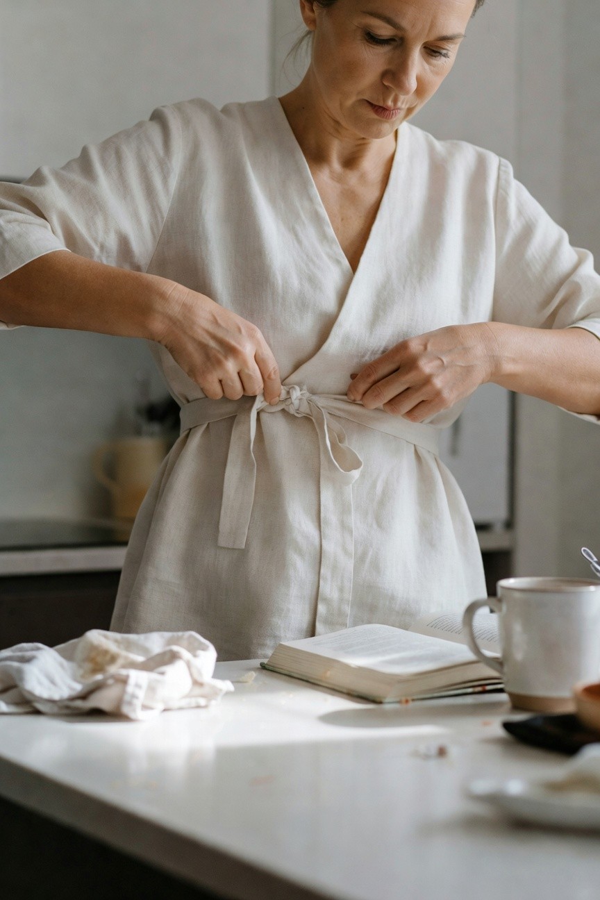 Woman in her 40s with shoulder-length brown hair wearing an off-white linen wrap robe, tying the wide fabric belt at her waist in a modern kitchen, book and mug on counter nearby
