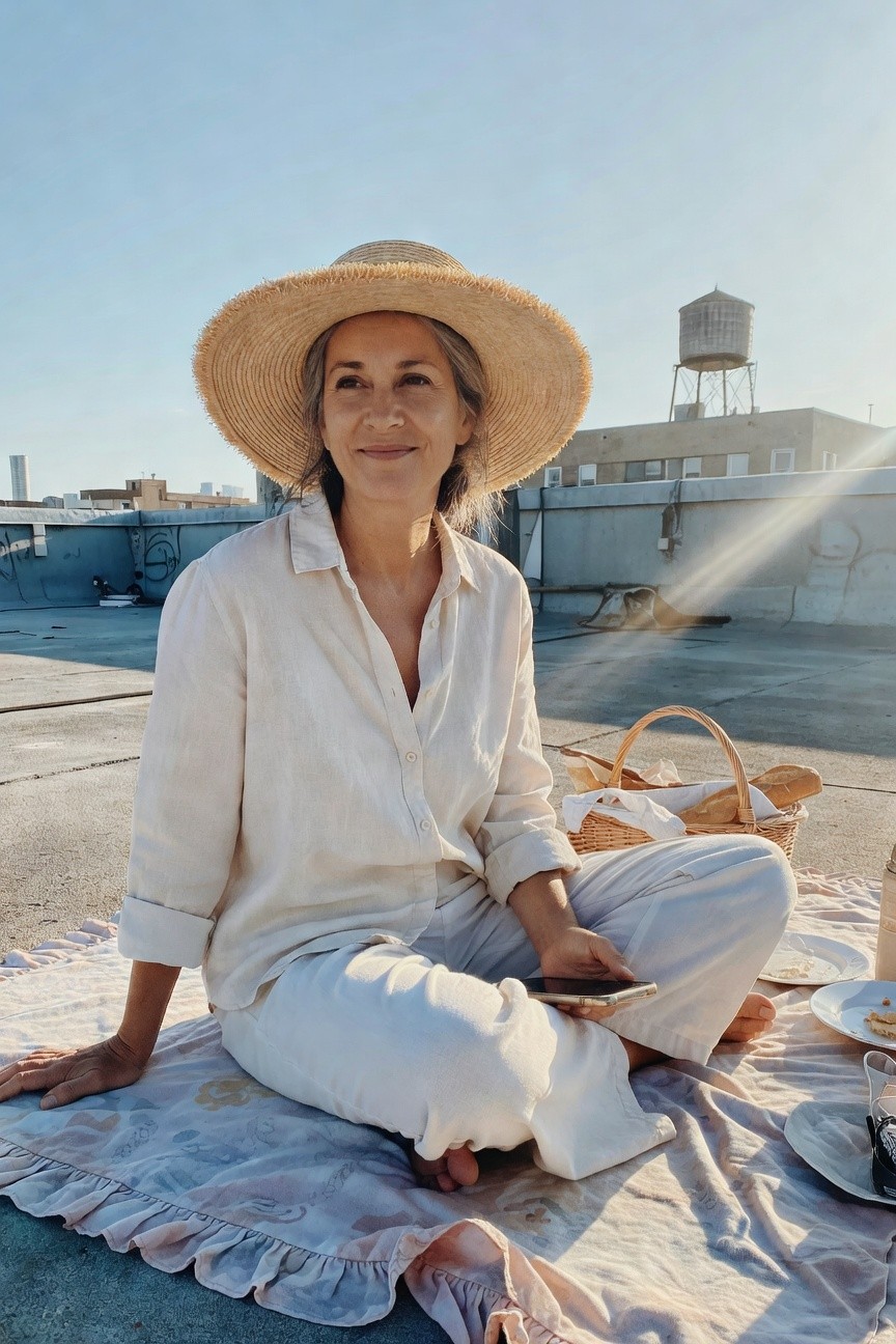 Woman in her 50s with gray hair wearing a white linen button-up shirt and matching wide-leg pants, straw hat, sitting cross-legged on a blanket holding a phone, with picnic basket nearby