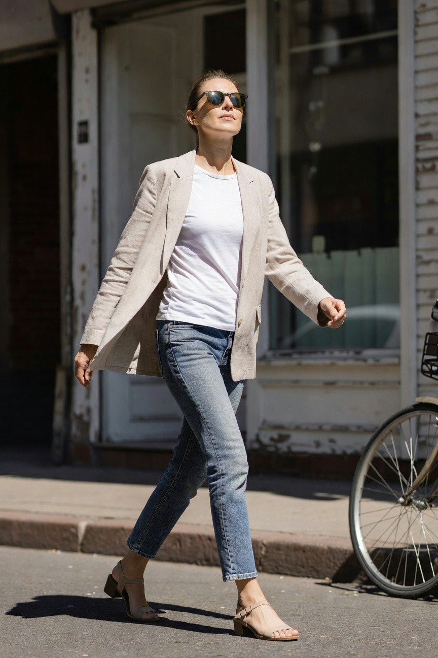 Woman walking down urban sidewalk in oversized beige linen blazer over white t-shirt tucked into slim blue straight-leg ankle jeans, nude strap block-heel sandals, tortoiseshell sunglasses propped on head, hand gesturing mid-stride against brick building backdrop
