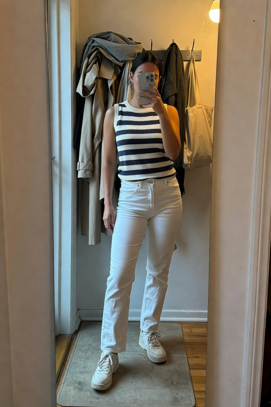 Mirror selfie of a woman in a black-and-white striped sleeveless knit tank top, high-waisted wide-leg white jeans, white chunky sneakers, and a thin gold necklace, standing in an entryway with coats hanging nearby