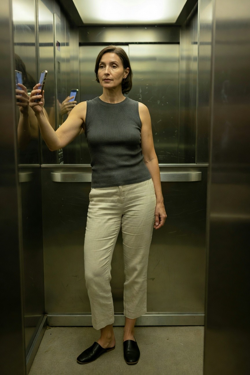 Woman in elevator taking selfies, wearing sleeveless charcoal gray knit tank top, cropped beige linen pants, and black leather mules, casual summer outfit.
