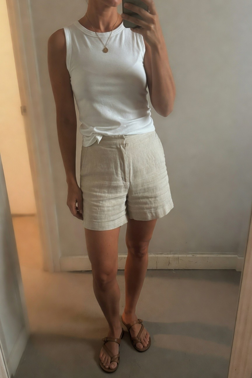 Mirror selfie of a woman in a white sleeveless tank top tucked into high-waisted beige linen shorts, wearing tan strap sandals and a delicate gold necklace with round pendant, standing in a light indoor space