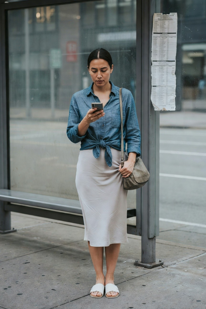 Woman standing at bus shelter in light blue chambray shirt tied at waist over pale beige midi skirt, tan crossbody bag, white slide sandals, checking phone