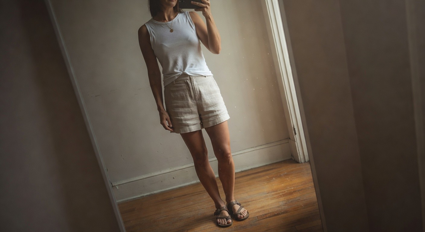 Mirror selfie of a woman in a white sleeveless tank top tucked into high-waisted beige linen shorts, wearing tan strap sandals and a delicate gold necklace with round pendant, standing in a light indoor space