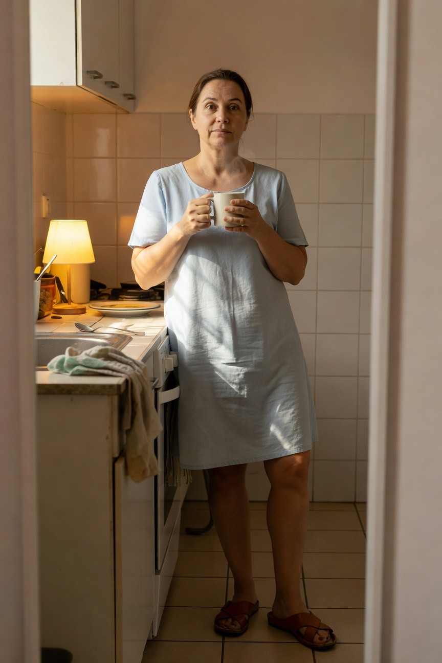 Woman in a light blue sleeveless knee-length dress holding a white mug, standing barefoot in brown cross-strap sandals next to a kitchen counter