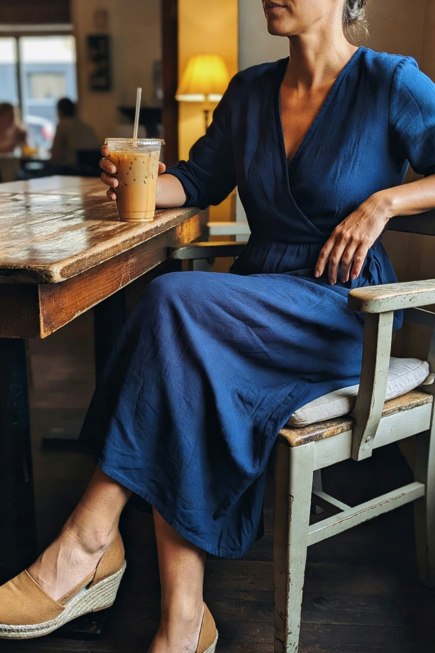 Woman in a navy blue long-sleeve wrap midi dress sitting at a wooden cafe table, holding an iced coffee, wearing beige espadrille wedge sandals with her legs crossed, casual updo hairstyle