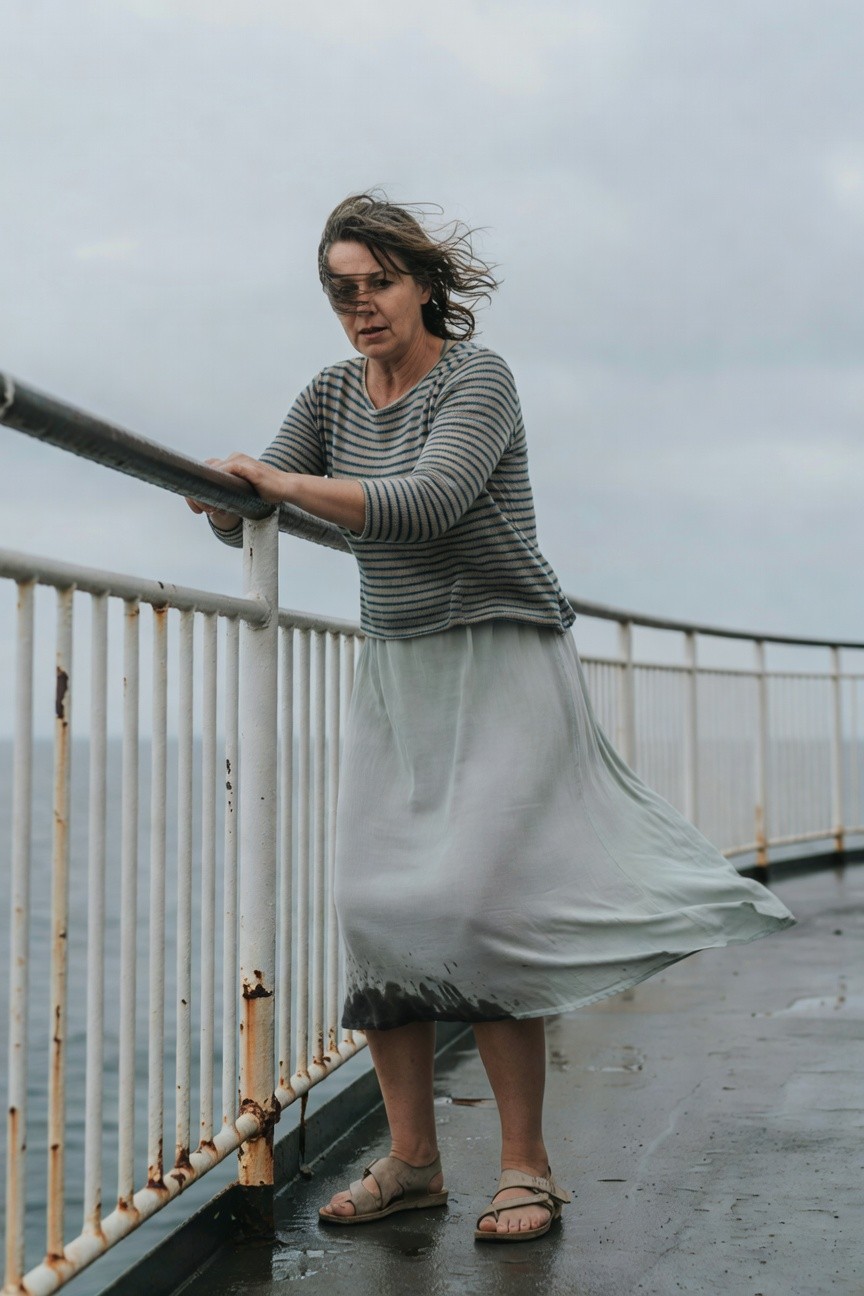 Woman leaning on a boat railing wearing a gray striped long-sleeve sweater, pale green flowing midi skirt, tan strap sandals, and sunglasses, skirt billowing slightly, overcast sea background