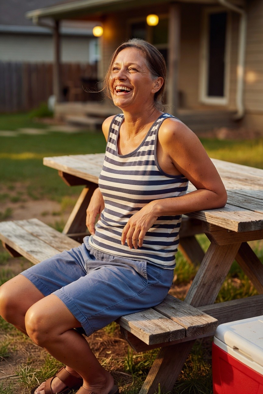 Middle-aged woman with graying hair laughing while seated on a wooden picnic bench, wearing a navy and white striped sleeveless tank top, light blue knee-length shorts, and tan strap sandals, next to a red cooler in a backyard setting