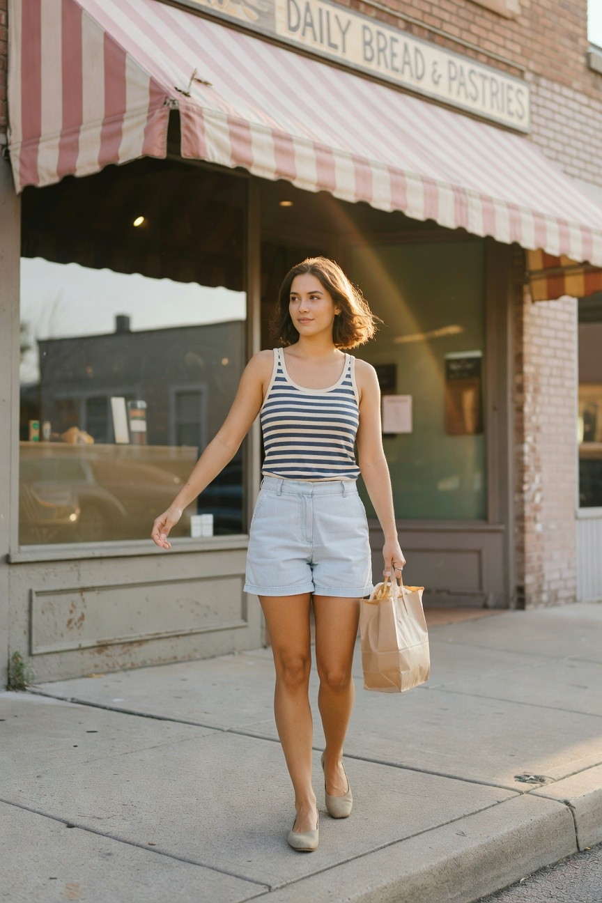 Woman in navy-and-white striped sleeveless tank top, high-waisted pale denim shorts, beige loafers, and shoulder-length bob haircut, holding a brown paper bag while walking on a sidewalk outside a bakery storefront