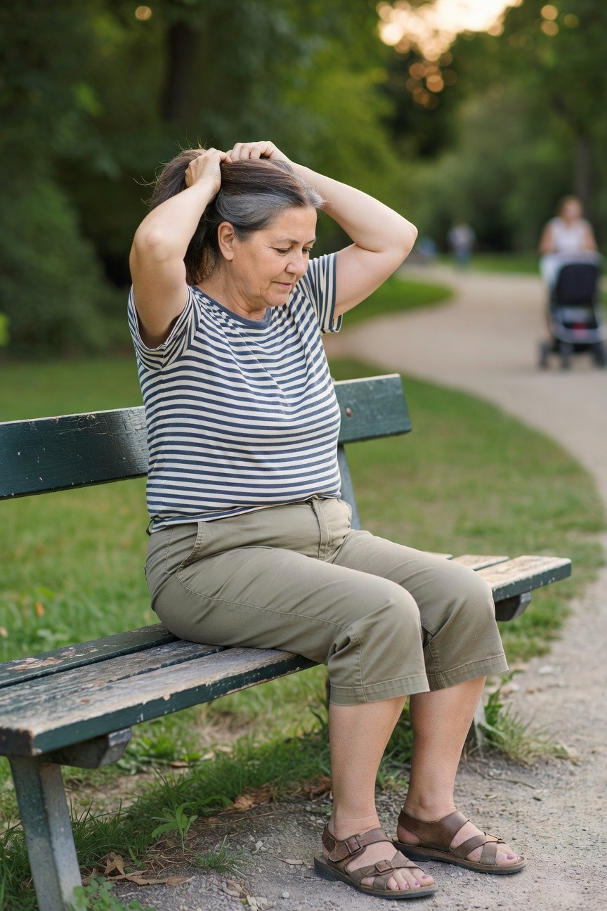 Mature woman sitting on a green bench wearing a navy and white horizontal striped short-sleeve tee, khaki capri pants with rolled cuffs, and brown leather strappy sandals, hands raised to adjust her gray ponytail