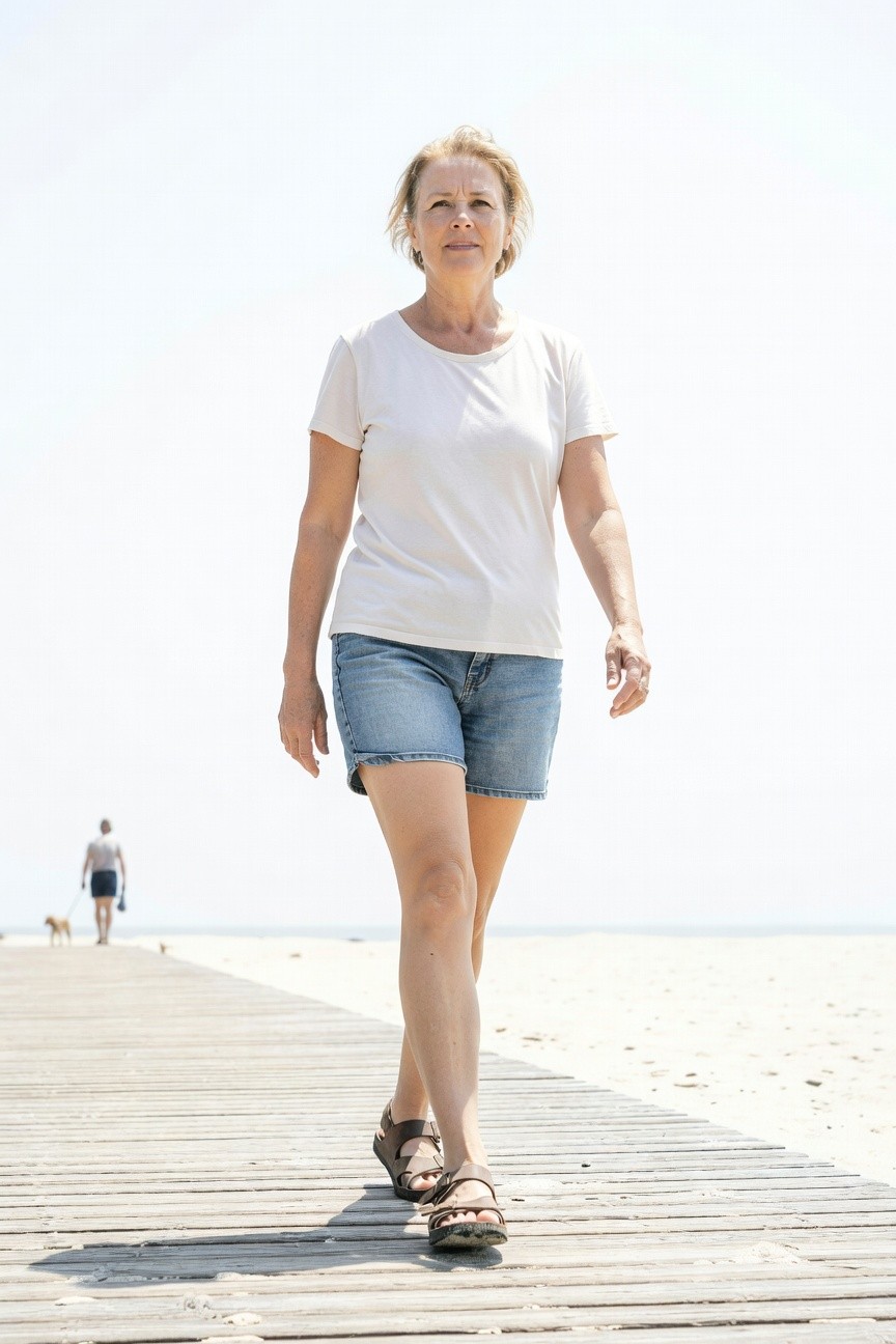 Mature blonde woman walking on wooden pier wearing white short-sleeve t-shirt, mid-thigh blue denim shorts, and brown strap sandals
