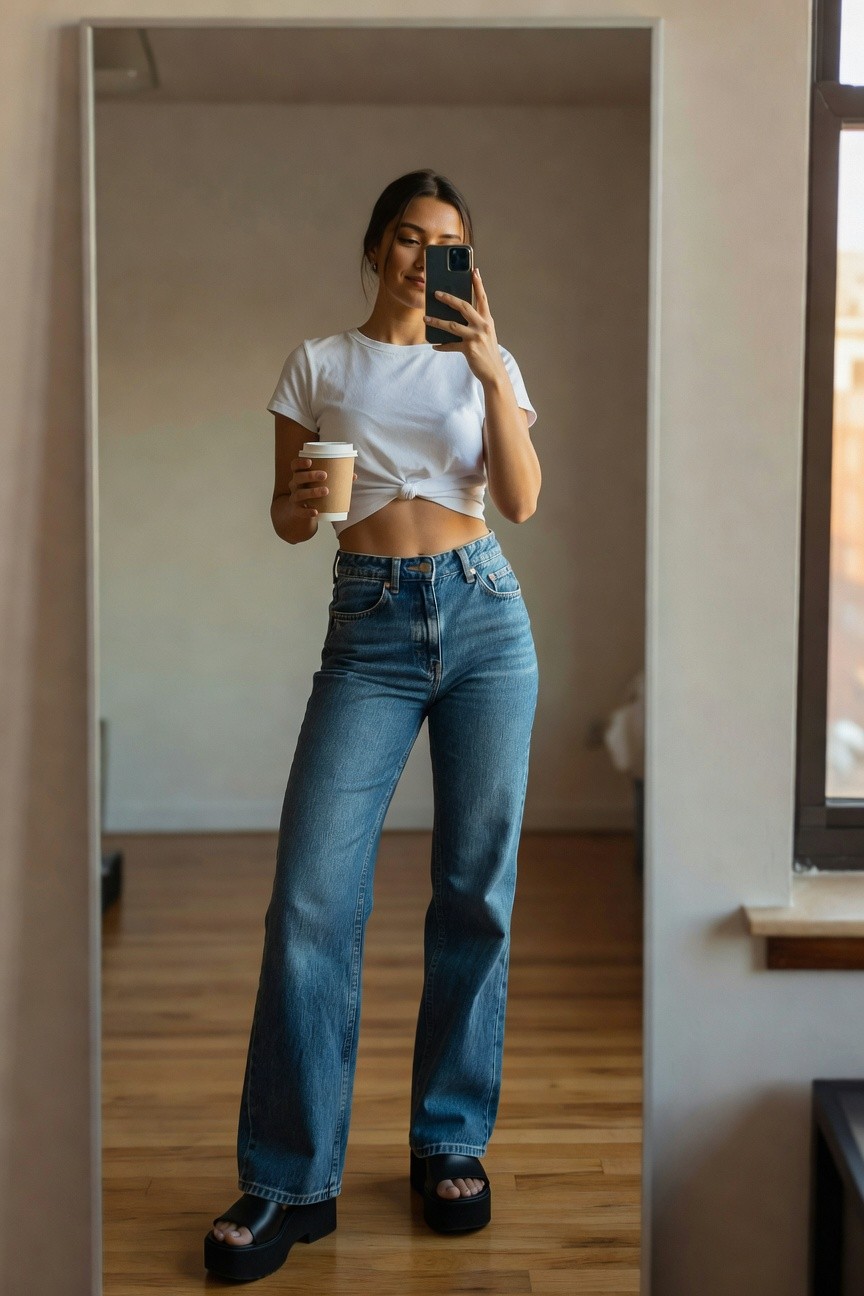 Woman in mirror selfie wearing cropped white short-sleeve tee knotted at waist, high-waisted wide-leg light blue jeans, black platform sandals, holding phone and to-go coffee cup in modern apartment setting