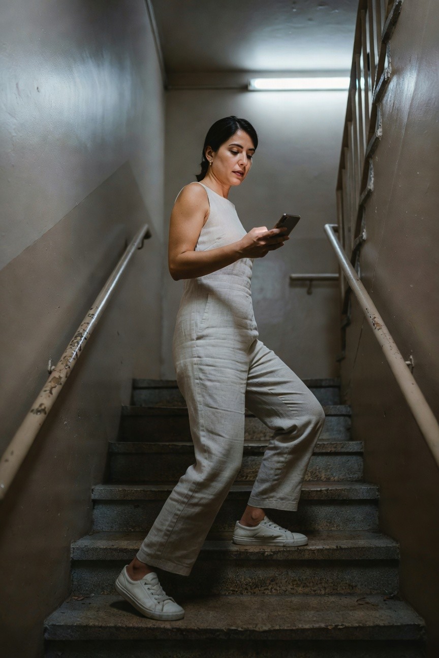 Woman ascending concrete stairs in a white sleeveless linen jumpsuit with wide legs and white low-top sneakers, holding a smartphone while viewed from behind in a dimly lit stairwell