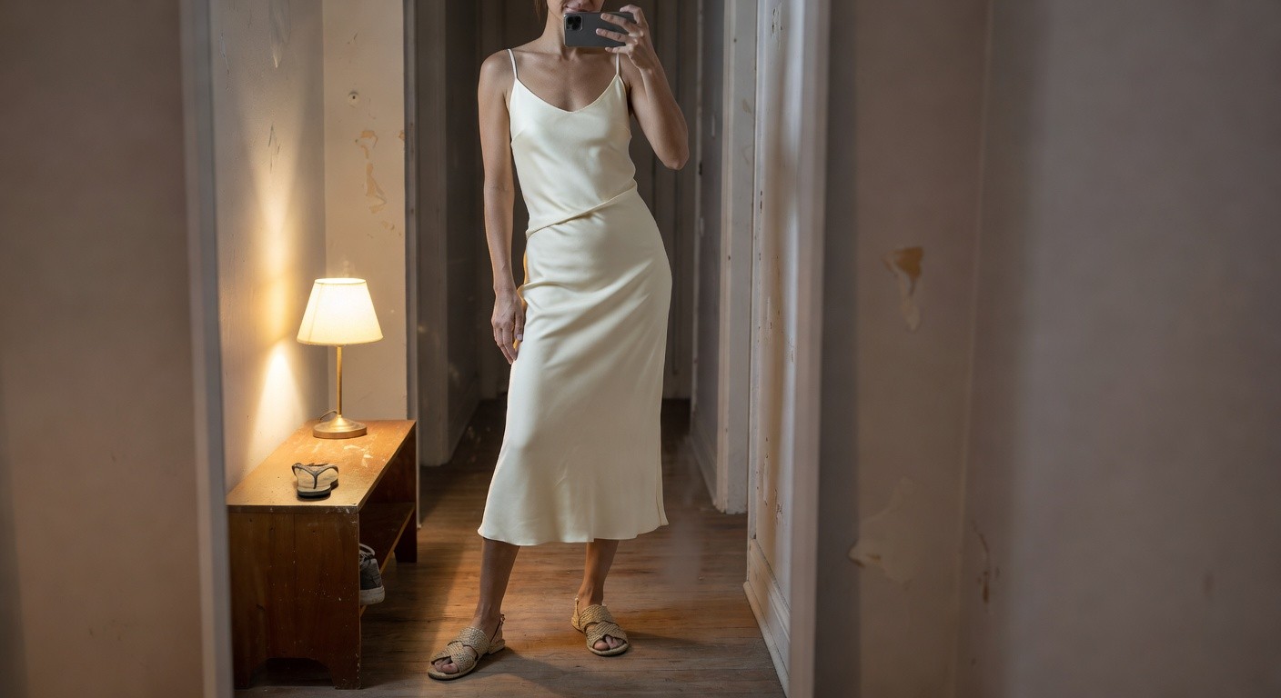 Mirror selfie of a woman in a cream silk spaghetti-strap slip dress and tan woven cross-strap sandals, standing in a dimly lit room with wooden floors