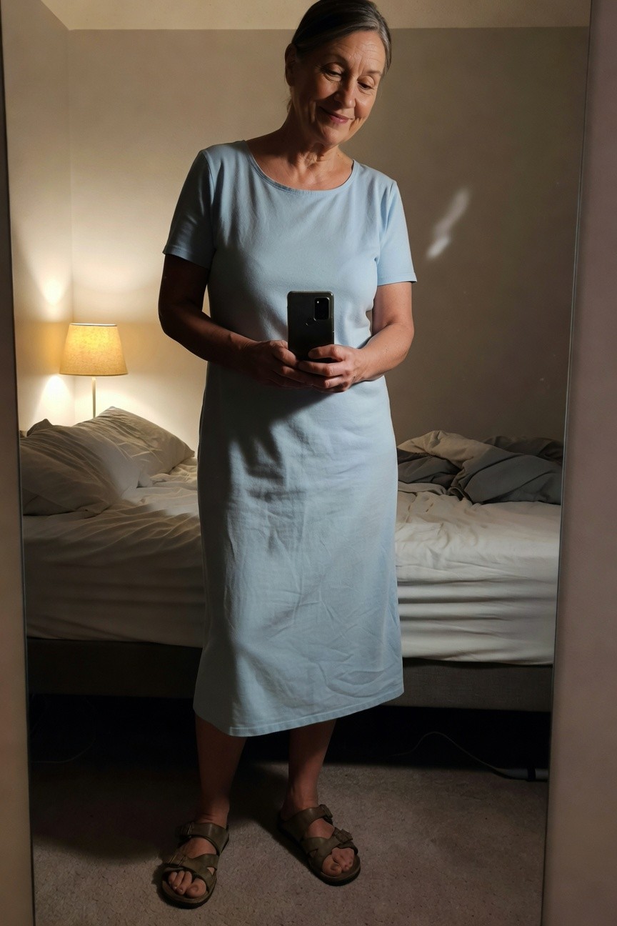 Older woman with gray hair smiling in a light blue short-sleeve midi dress and brown strap sandals, taking a mirror selfie in a bedroom.