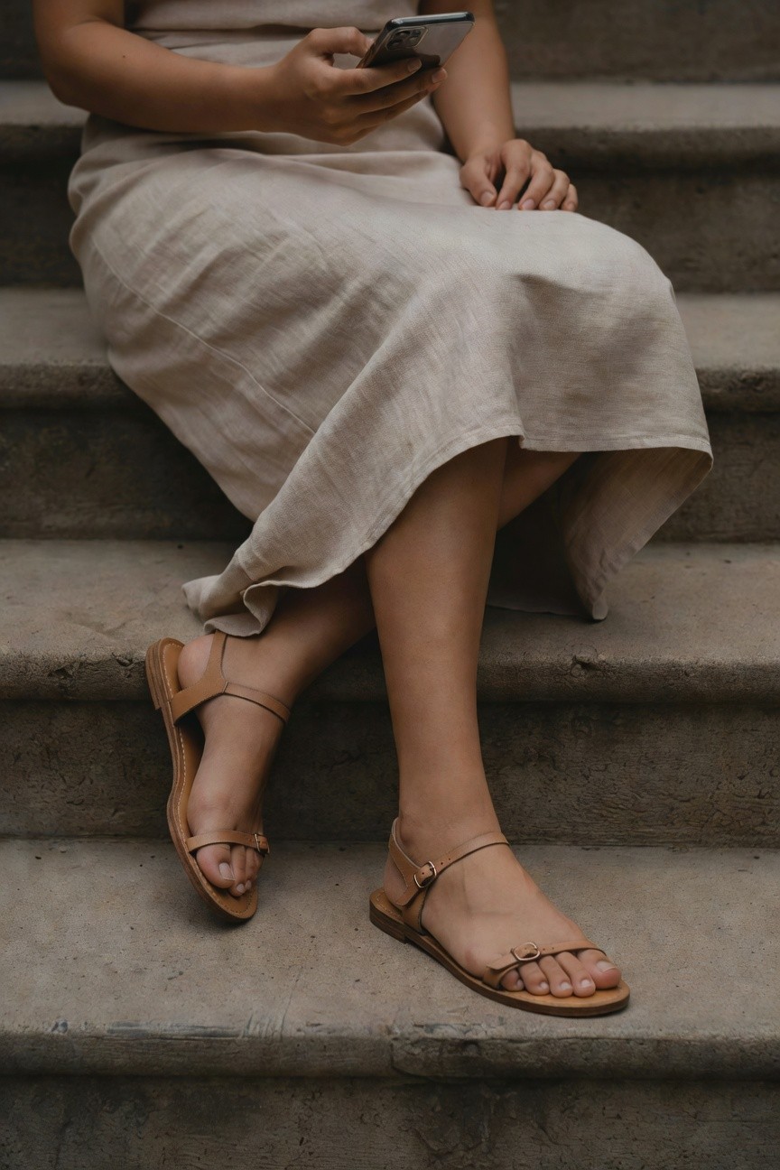 Woman seated on stone stairs in a light beige linen dress holding a smartphone, wearing tan leather strappy flat sandals with buckles, legs extended showing the outfit details