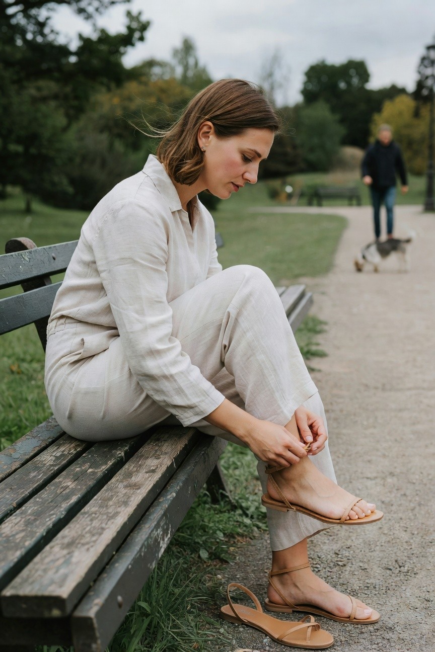 Woman sitting on a bench in a pale linen collar jumpsuit with wide legs, adjusting the ankle strap of a tan strappy flat sandal while wearing the matching one on her other foot