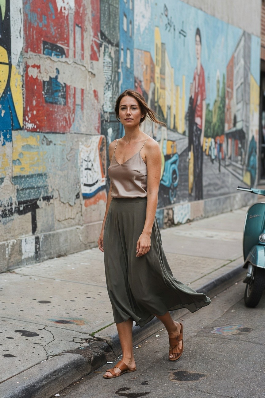 Woman in peach satin spaghetti-strap camisole, high-waisted olive green flowy midi skirt, and tan strap sandals, walking on urban sidewalk with colorful graffiti wall and green scooter in background