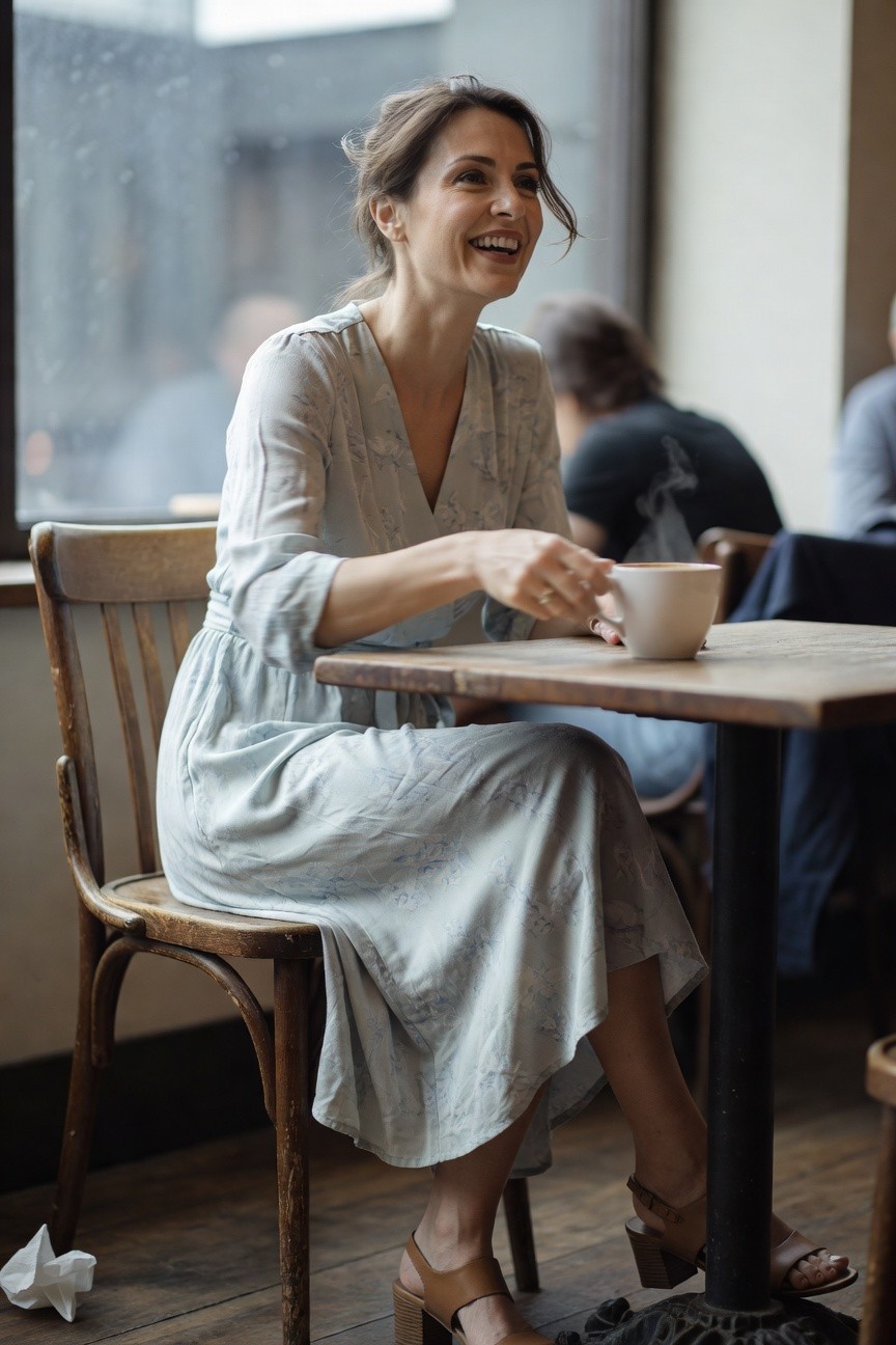 Woman in a pale blue flowy maxi dress with long sleeves and wrap neckline, sitting at a wooden cafe table holding a white coffee mug, wearing tan heeled sandals, smiling toward the camera