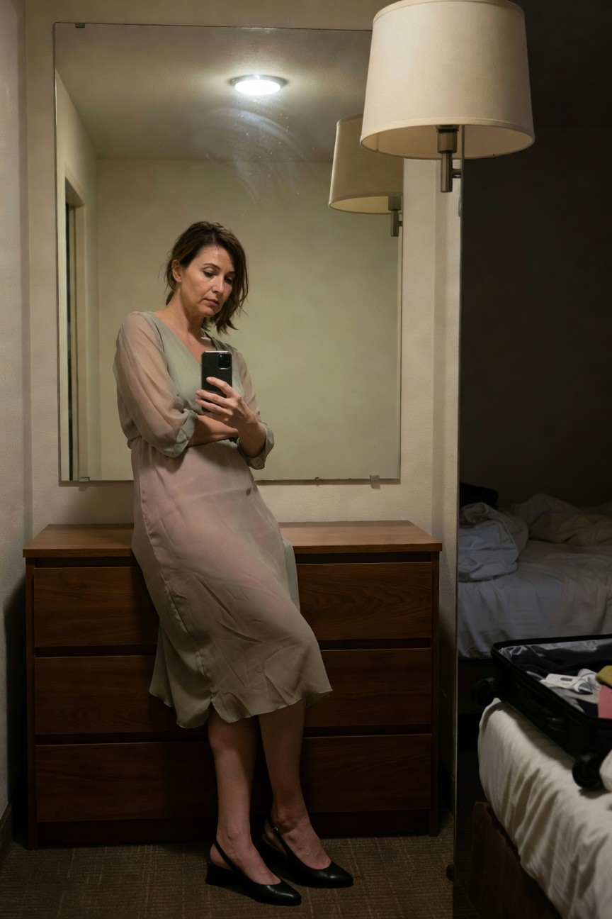Woman leaning against wooden dresser in hotel room mirror selfie, wearing pale green sheer chiffon midi dress with bell sleeves, black slingback low heels, holding phone
