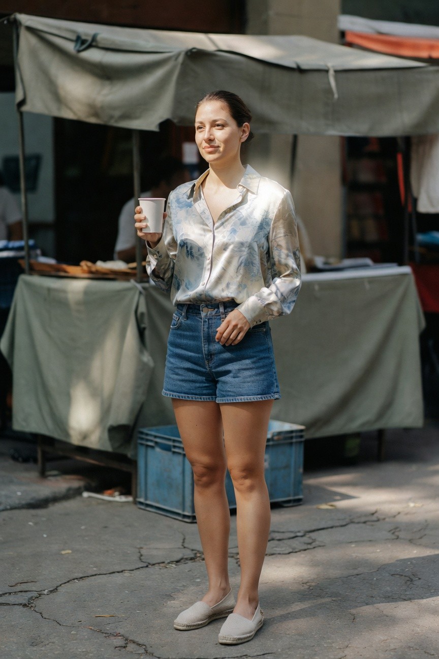 Woman in a long-sleeve floral silk blouse in white and blue tones tucked into high-waisted blue denim shorts, wearing beige espadrille flats and holding a white to-go coffee cup, standing confidently with hands on hips