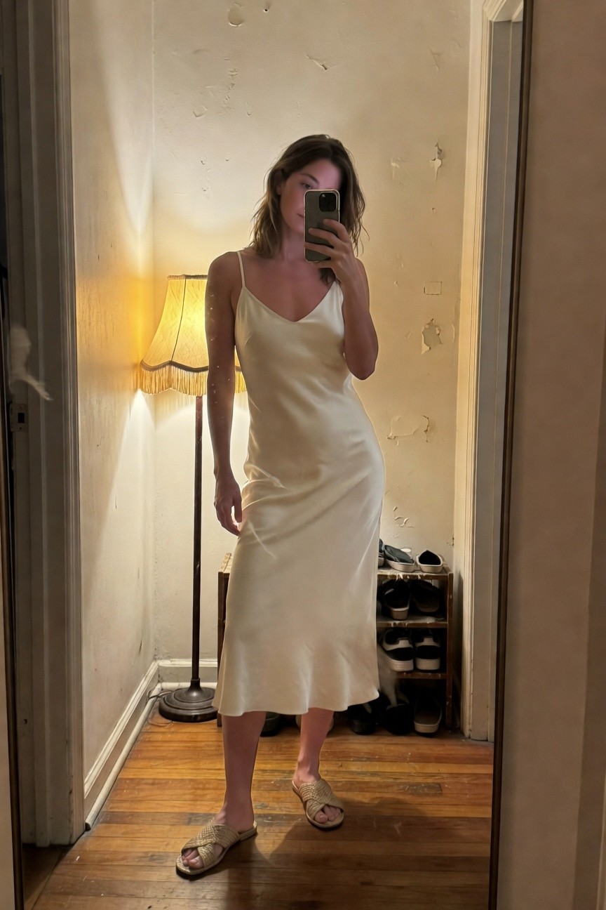 Mirror selfie of a woman in a cream silk spaghetti-strap slip dress and tan woven cross-strap sandals, standing in a dimly lit room with wooden floors