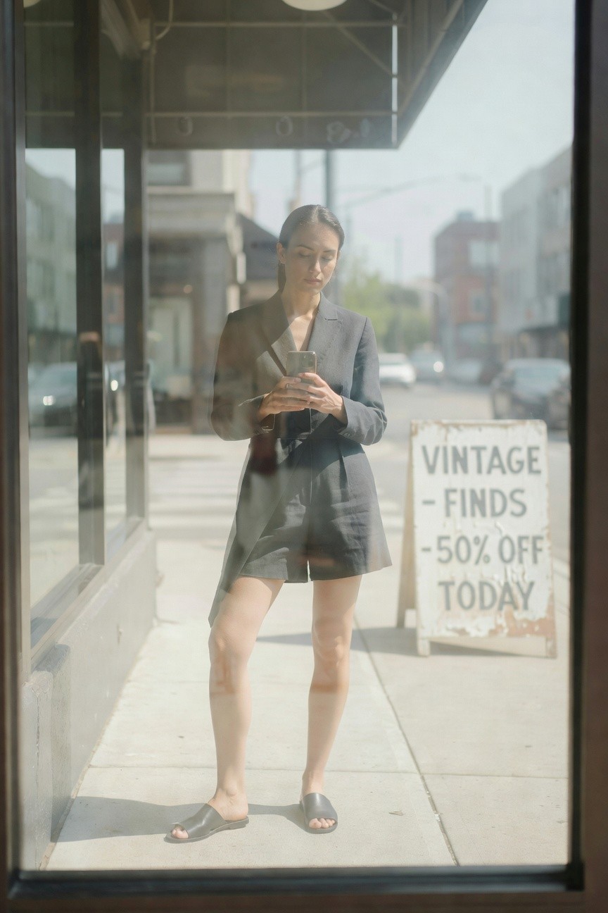 Woman standing outside in a gray tailored blazer over matching short shorts, black open-toe flip flops, holding a phone, reflected in a shop window