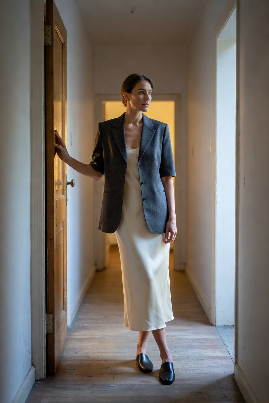 Woman standing in a hallway wearing a short-sleeve charcoal gray blazer open over a cream silk slip maxi dress with black loafer mules, one hand on a wooden door.