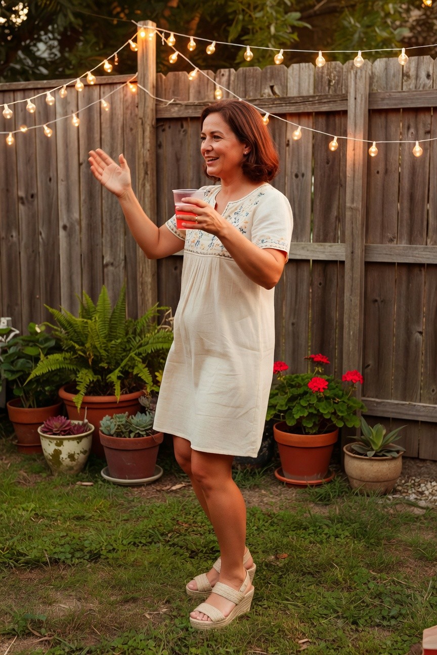 Woman in cream embroidered short-sleeved gathered dress holding pink drink with one hand raised clapping, wearing tan wedge espadrilles, smiling in backyard setting