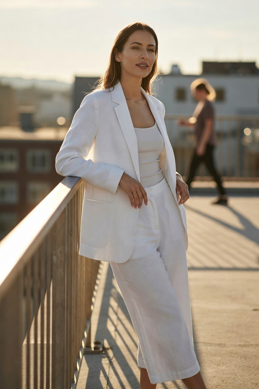 Woman leaning on rooftop railing in open white linen blazer over beige sleeveless tank top and matching white linen wide-leg cropped pants, wearing a watch, golden hour light