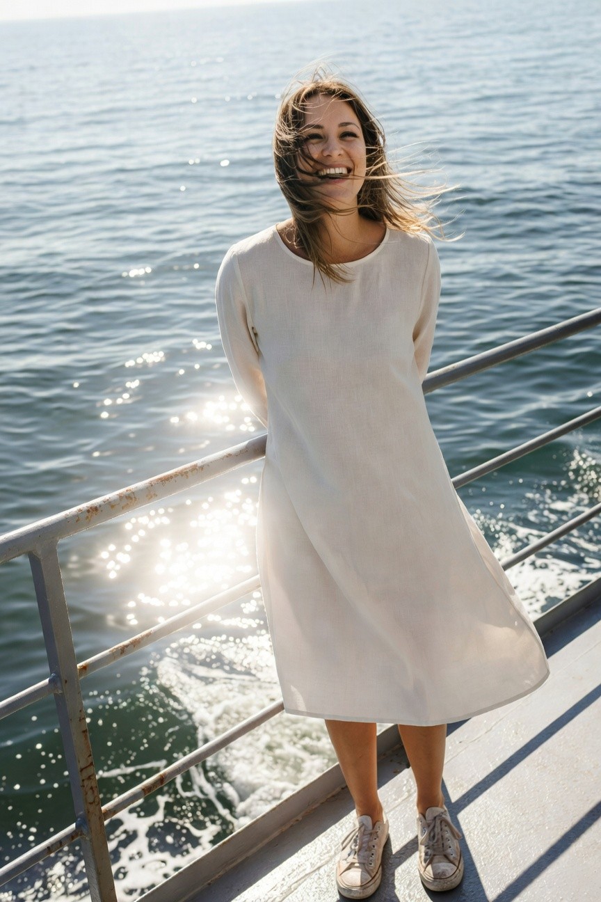 Woman smiling with windblown hair, wearing a loose white linen midi dress with long sleeves and white high-top sneakers, leaning against a boat railing with ocean in background