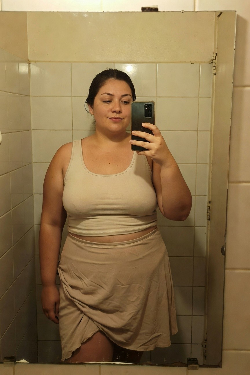 Plus-size woman taking a mirror selfie in a beige sleeveless crop tank top and high-waisted wrap skirt, standing in a tiled bathroom with neutral expression