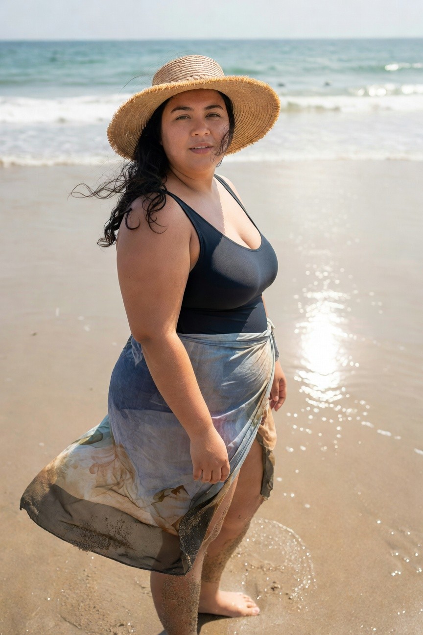 Plus-size woman standing on sand in black tank-style one-piece swimsuit, blue and white printed sarong wrap tied at hip, wide-brim straw hat, wavy dark hair, smiling at camera