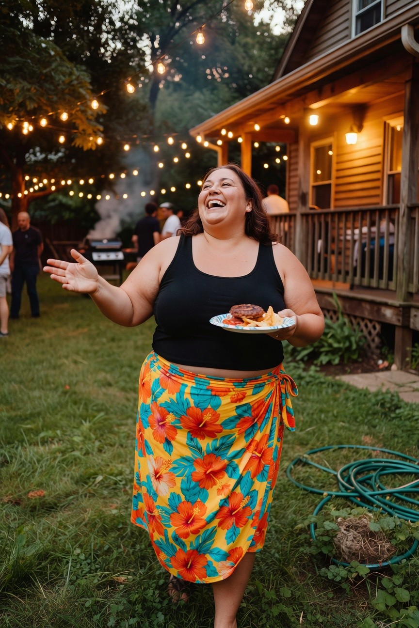 Plus-size woman smiling and gesturing with one hand while holding a paper plate of burger and fries in the other, wearing a black sleeveless tank top and a vibrant yellow-based hibiscus floral print sarong skirt wrapped at the hips, standing barefoot on grass