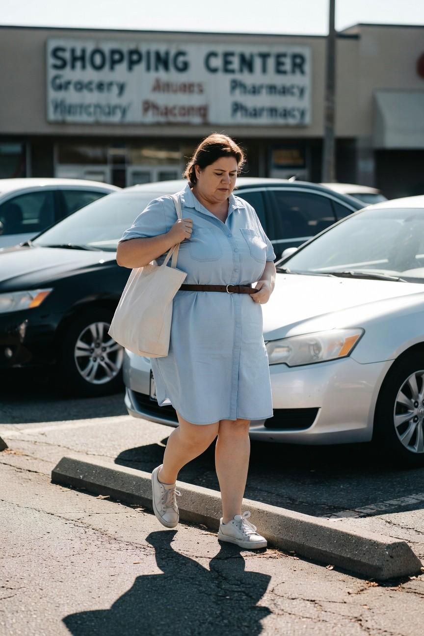 Plus-size woman wearing a light blue short-sleeve button-down shirtdress cinched with a brown leather belt at the waist, carrying a beige canvas tote bag over one shoulder, and white low-top sneakers, walking near cars in a shopping center parking lot