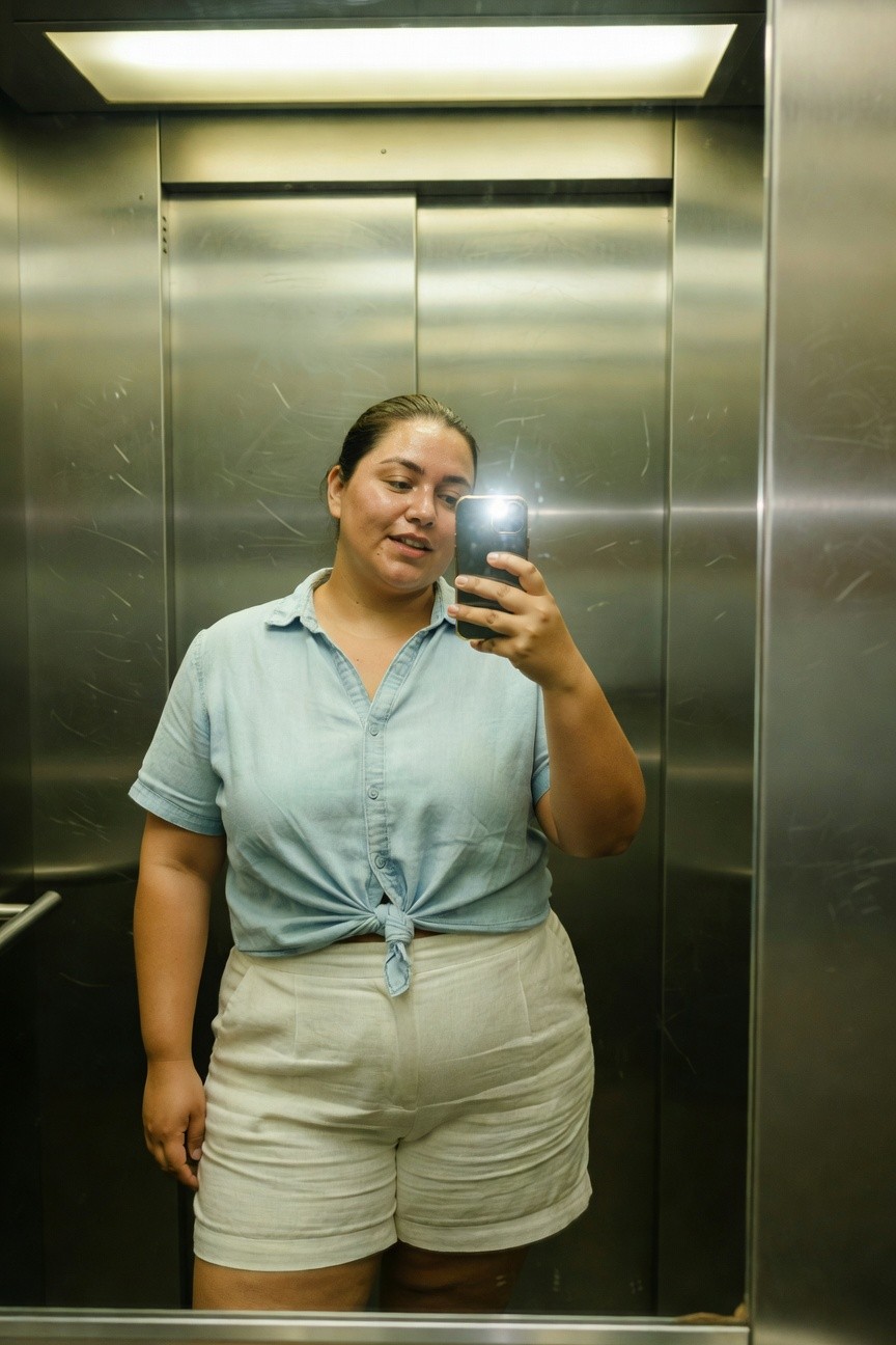 Plus-size woman taking a mirror selfie in an elevator, wearing a light blue short-sleeve button-up shirt tied at the waist and high-waisted cream linen shorts