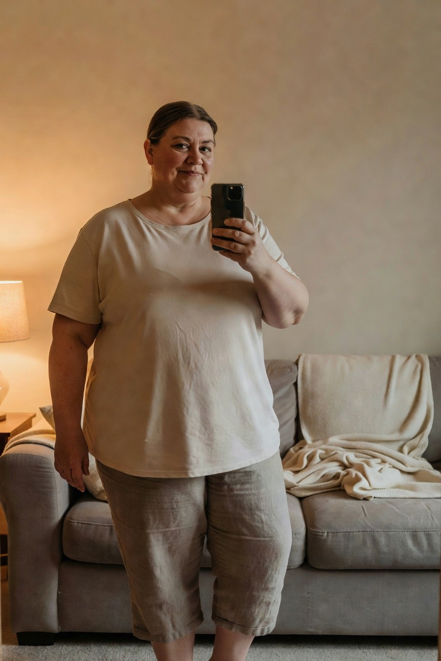 Plus-size woman smiling in selfie wearing oversized short-sleeve cream linen t-shirt and matching beige cropped linen pants, standing barefoot by gray couch in warmly lit living room