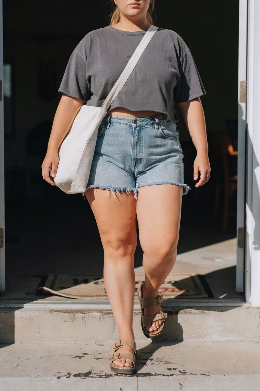 Plus-size woman stepping out a door in a gray cropped tee, high-waisted light blue frayed denim shorts, white canvas tote bag, and tan strappy sandals, casual hot weather outfit.