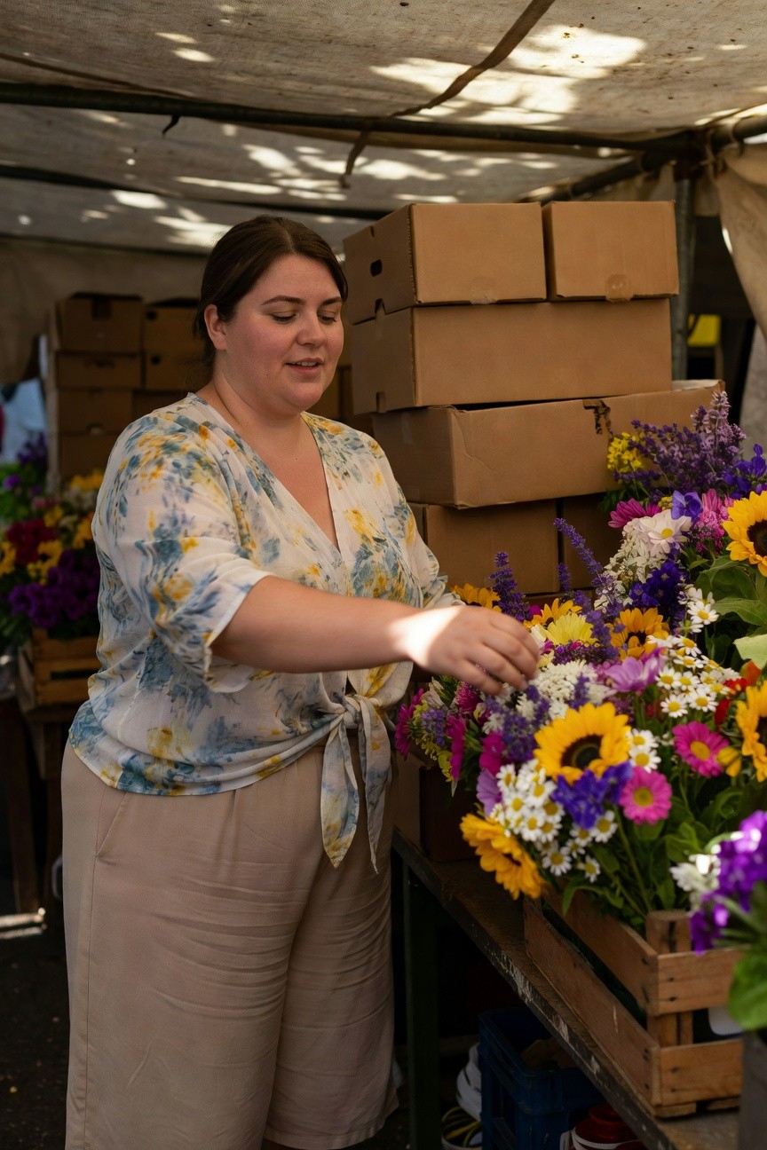 Plus-size woman with brunette hair wearing a sheer white floral-print wrap blouse tied at the front and beige wide-leg cropped pants, reaching for flowers amid colorful bouquets at a market stall