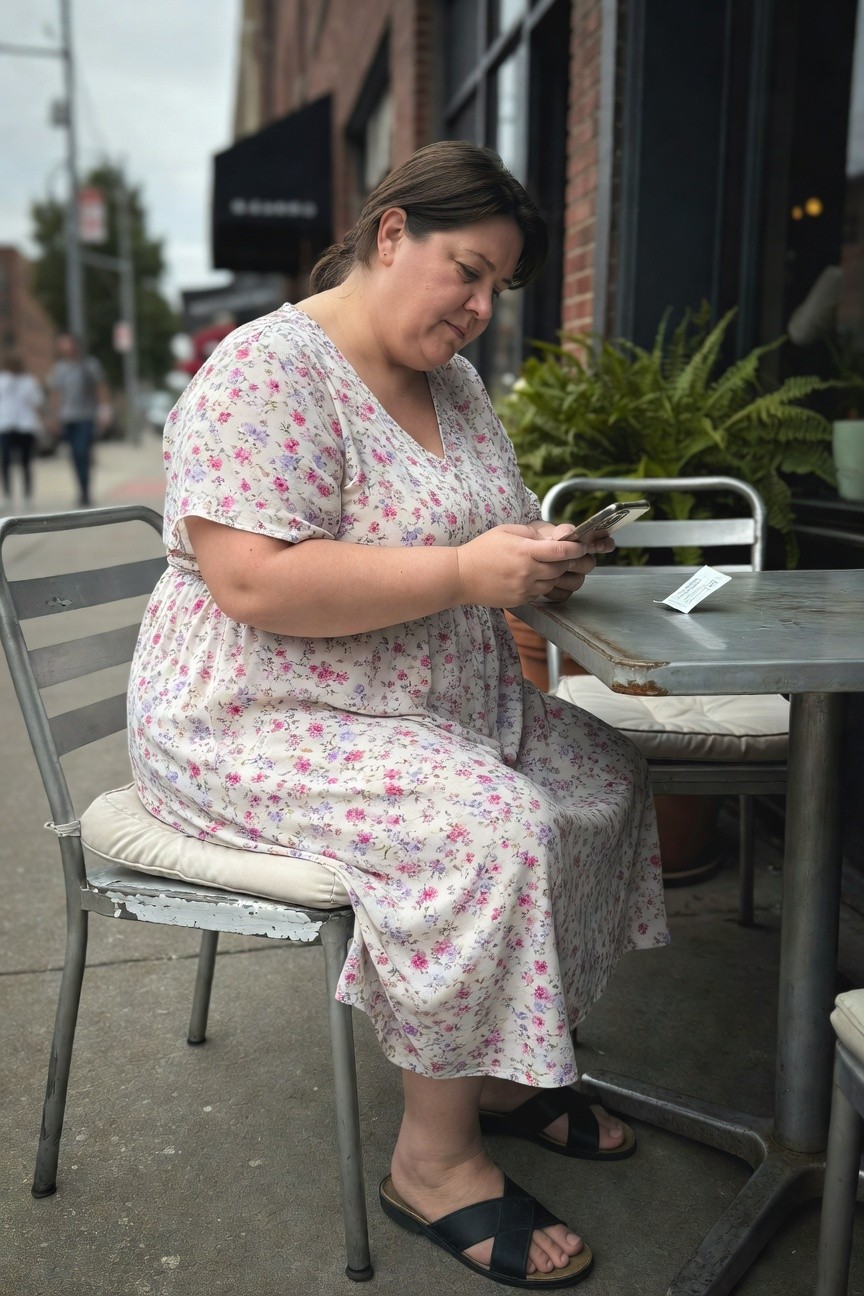 Plus-size woman seated outdoors in a sleeveless pink and white floral print dress with loose fit, holding a smartphone, wearing black cross-strap flat sandals