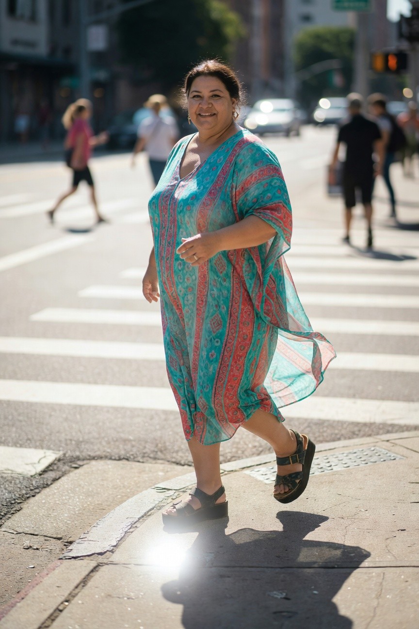 Plus-size woman crossing street in flowy teal and coral printed caftan dress with open sides, low v-neck, and strappy flat sandals, smiling at camera