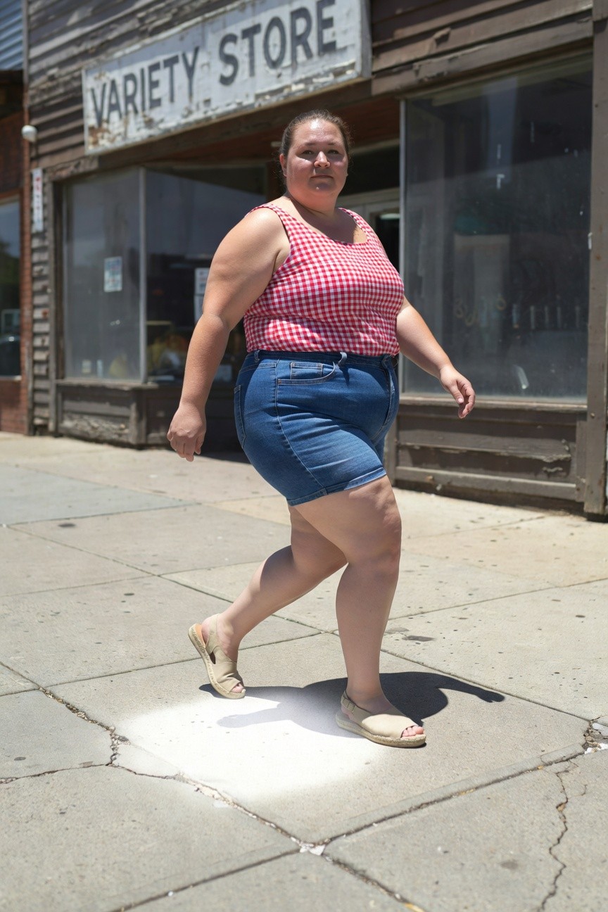 Plus-size woman walking in red and white gingham tank top, high-waisted blue denim shorts, and tan espadrille wedge sandals in front of a storefront
