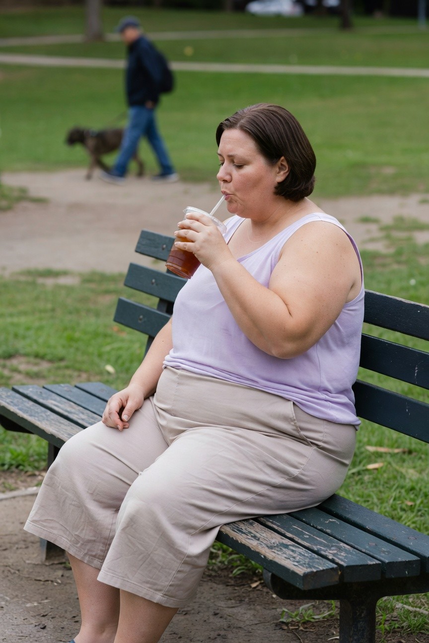 Plus-size woman sitting on a bench in a lilac sleeveless tank top tucked into wide-leg beige cropped pants and sandals, holding an iced tea cup