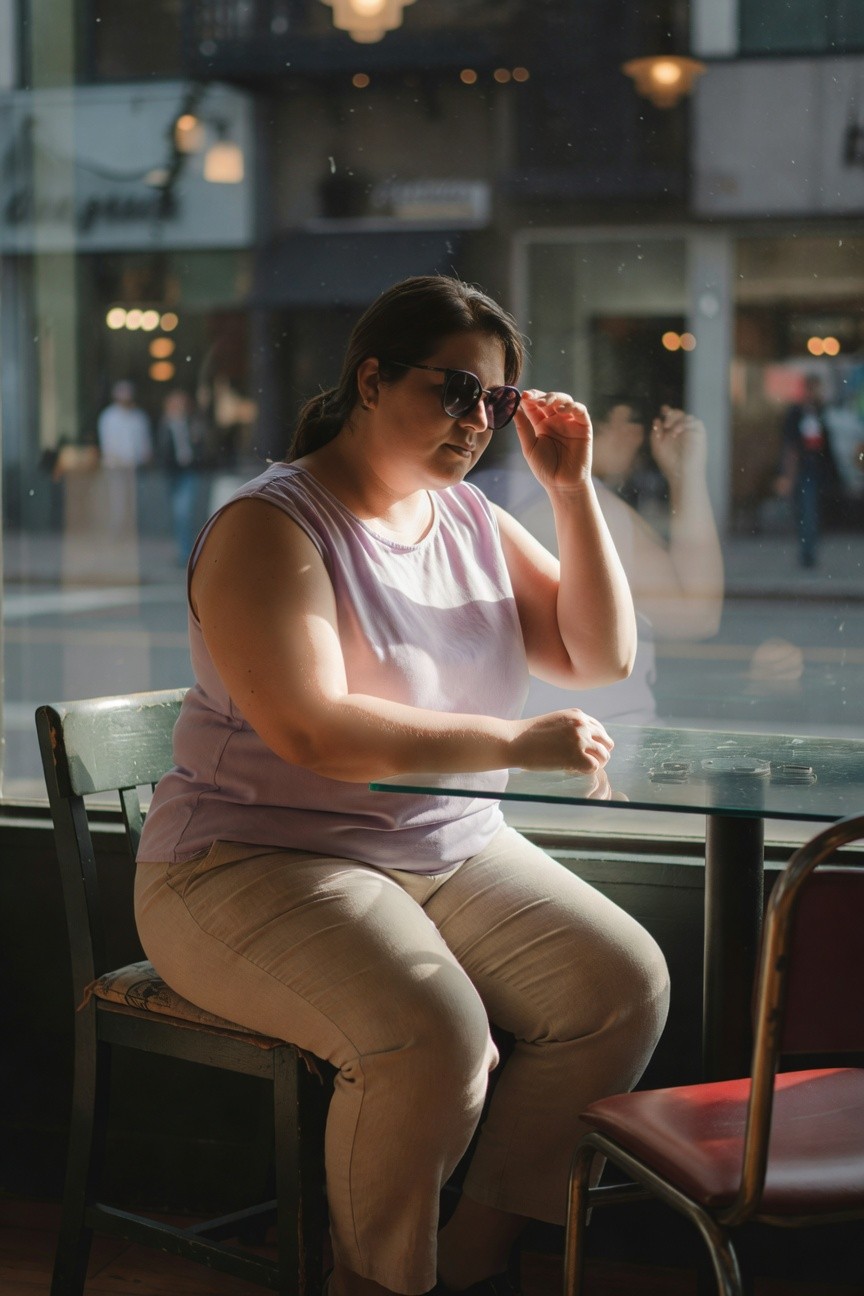 Plus-size woman seated at a glass cafe table in a sleeveless lilac tank top, beige straight-leg pants, and simple shoes, adjusting sunglasses on her head with ponytail, soft indoor lighting